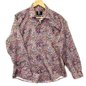 Kalmin Ross Colorful Button Up Shirt Mens Large Purple Paisley Spring Fun Flambo